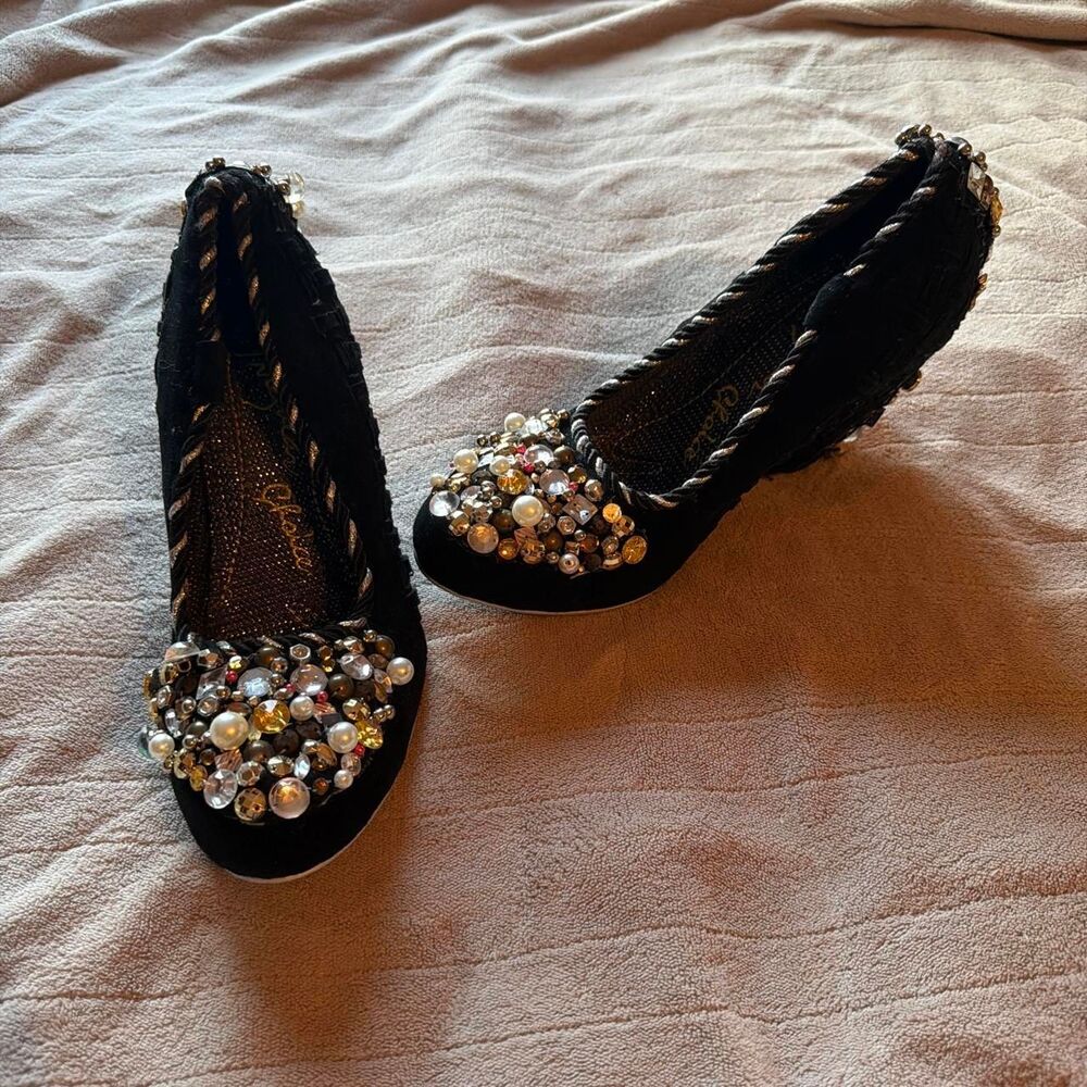Vintage Irregular Choice Disco Pants Black Velvet Wedge Heel  Size 41 EU 10 US